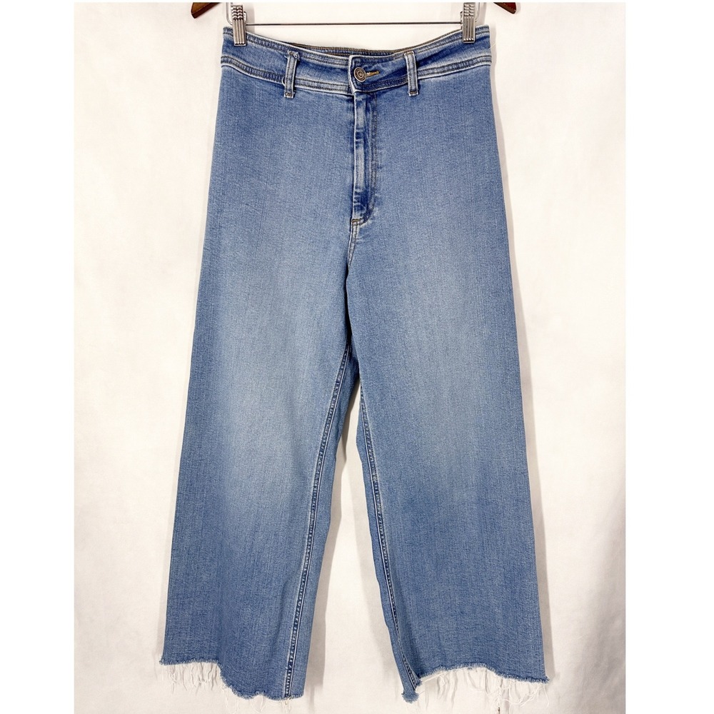 Zara Simple High Rise Wide Leg Frayed Hem Cotton Blue Jeans Women's Size 10